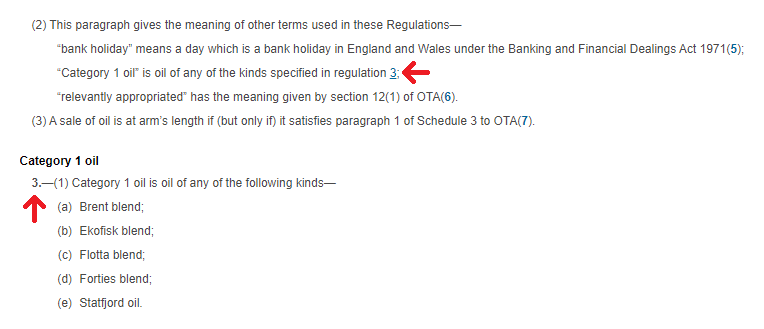 “Category 1 oil” is oil of any of the kinds specified in regulation 3; […] (3) A sale of oil is at arm’s length if (but only if) it satisfies paragraph 1 of Schedule 3 to OTA(7). Category 1 oil. 3.—(1) Category 1 oil is oil of any of the following kinds—(a) Brent blend; (b) Ekofisk blend; (c) Flotta blend; (d) Forties blend; (e) Statfjord oil.