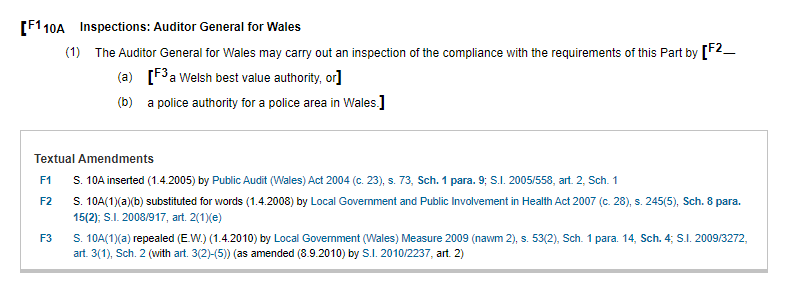 [F1 10A Inspections: Auditor General for Wales (1) The Auditor General for Wales may carry out an inspection of the compliance with the requirements of this Part by [F2— (a) [F3 a Welsh best value authority, or] (b) a police authority for a police area in Wales.] Textual Amendments. F1. S. 10A inserted (1.4.2005) by Public Audit (Wales) Act 2004 (c. 23), s. 73, Sch. 1 para. 9; S.I. 2005/558, art. 2, Sch. 1. F2. S. 10A(1)(a)(b) substituted for words (1.4.2008) by Local Government and Public Involvement in Health Act 2007 (c. 28), s. 245(5), Sch. 8 para. 15(2); S.I. 2008/917, art. 2(1)(e). F3. S. 10A(1)(a) repealed (E.W.) (1.4.2010) by Local Government (Wales) Measure 2009 (nawm 2), s. 53(2), Sch. 1 para. 14, Sch. 4; S.I. 2009/3272, art. 3(1), Sch. 2 (with art. 3(2)-(5)) (as amended (8.9.2010) by S.I. 2010/2237, art. 2)