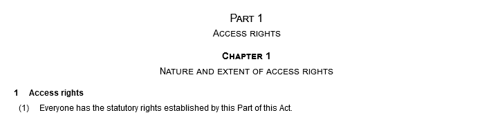 Part 1. Access rights. Chapter 1. Nature and extent of access rights. 1 Access rights. (1) Everyone has the statutory rights established by this Part of this Act.