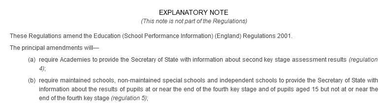 Explanatory Note (This note is not part of the Regulations) These Regulations amend the Education (School Performance Information) (England) Regulations 2001. The principal amendments will—(a) require Academies to provide the Secretary of State with information about second key stage assessment results (regulation 4); (b) require maintained schools, non-maintained special schools and independent schools to provide the Secretary of State with information about the results of pupils at or near the end of the fourth key stage and of pupils aged 15 but not at or near the end of the fourth key stage (regulation 5);