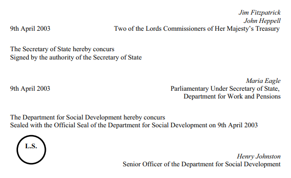 Jim Fitzpatrick. John Heppell. Two of the Lords Commissioners of Her Majesty’s Treasury. 9th April 2003. The Secretary of State hereby concurs. Signed by the authority of the Secretary of State. Maria Eagle. Parliamentary Under Secretary of State, Department for Work and Pensions. 9th April 2003. The Department for Social Development hereby concurs. Sealed with the Official Seal of the Department for Social Development on 9th April 2003. L.S. Henry Johnston. Senior Officer of the Department for Social Development. 