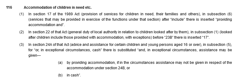 116 Accommodation of children in need etc. (1) In section 17 of the 1989 Act (provision of services for children in need, their families and others), in subsection (6) (services that may be provided in exercise of the functions under that section) after “include” there is inserted “providing accommodation and”. (2) In section 22 of that Act (general duty of local authority in relation to children looked after by them), in subsection (1) (looked after children include those provided with accommodation, with exceptions) before “23B” there is inserted “17”. (3)In section 24A of that Act (advice and assistance for certain children and young persons aged 16 or over), in subsection (5), for “or, in exceptional circumstances, cash” there is substituted “and, in exceptional circumstances, assistance may be given— (a) by providing accommodation, if in the circumstances assistance may not be given in respect of the accommodation under section 24B, or (b) in cash”.