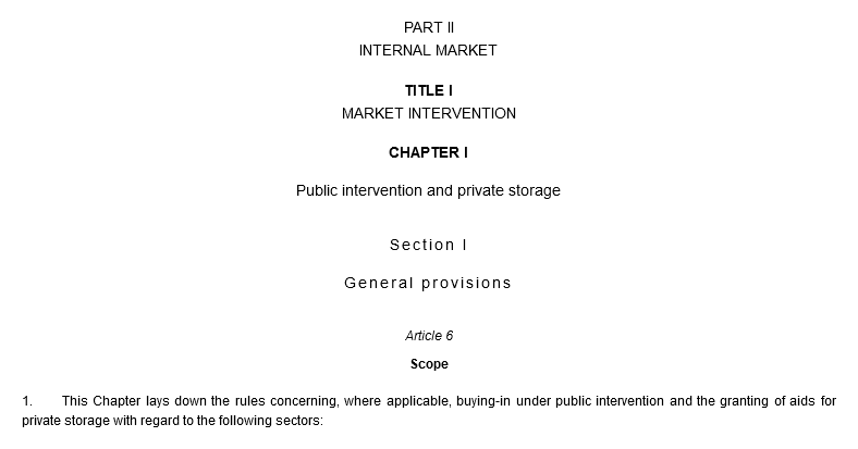 PART II. INTERNAL MARKET. TITLE I. MARKET INTERVENTION. CHAPTER I. Public intervention and private storage. Section I. General provisions. Article 6. Scope. 1. This Chapter lays down the rules concerning, where applicable, buying-in under public intervention and the granting of aids for private storage with regard to the following sectors: